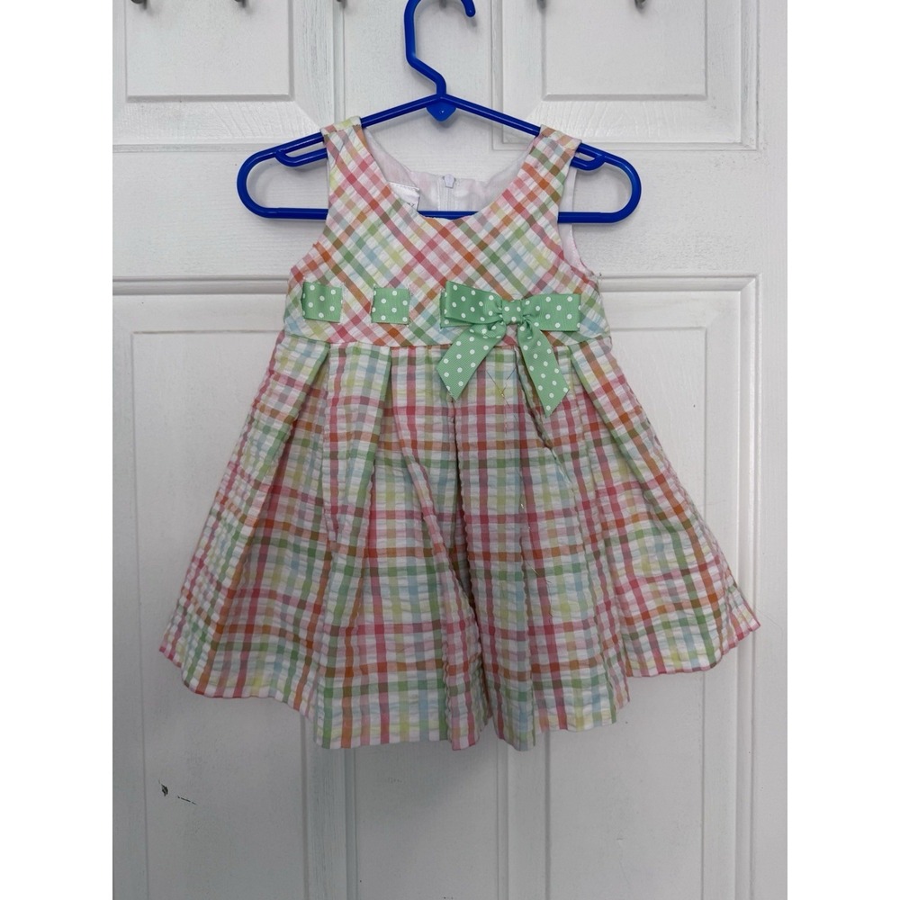 IRIS & IVY Baby Girls 12M Pastel Rainbow Plaid Seersucker Bow Dress